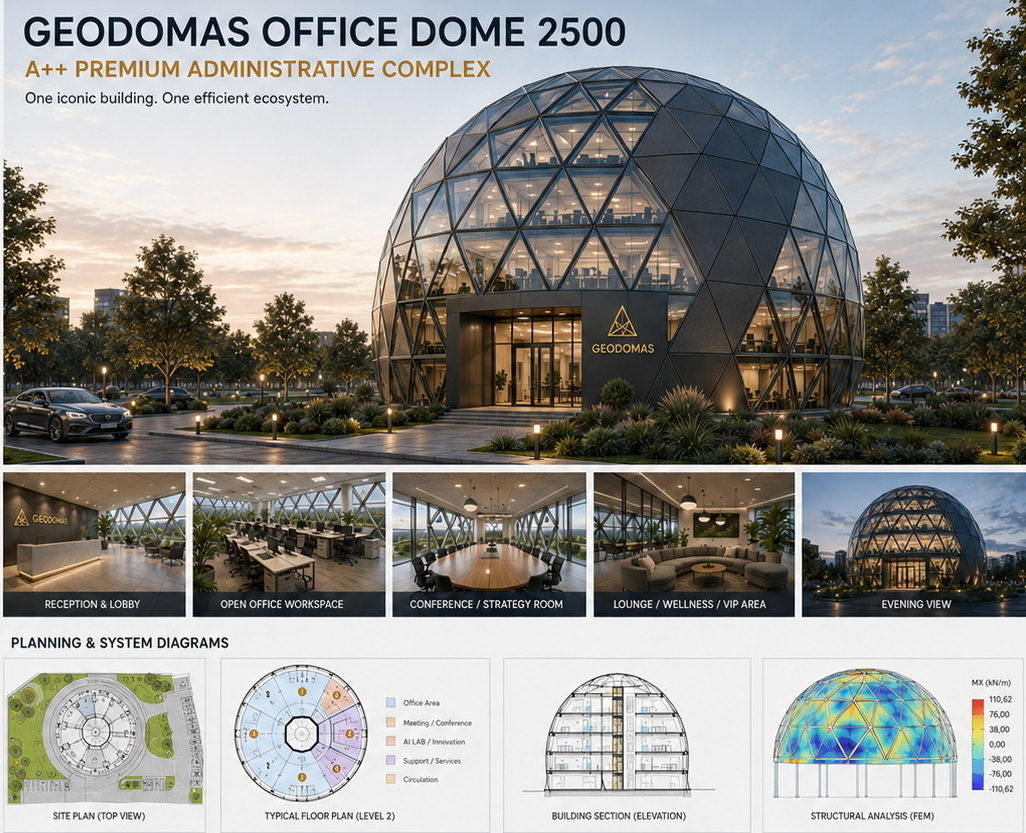 GEODOMAS glass dome office architecture visualisation