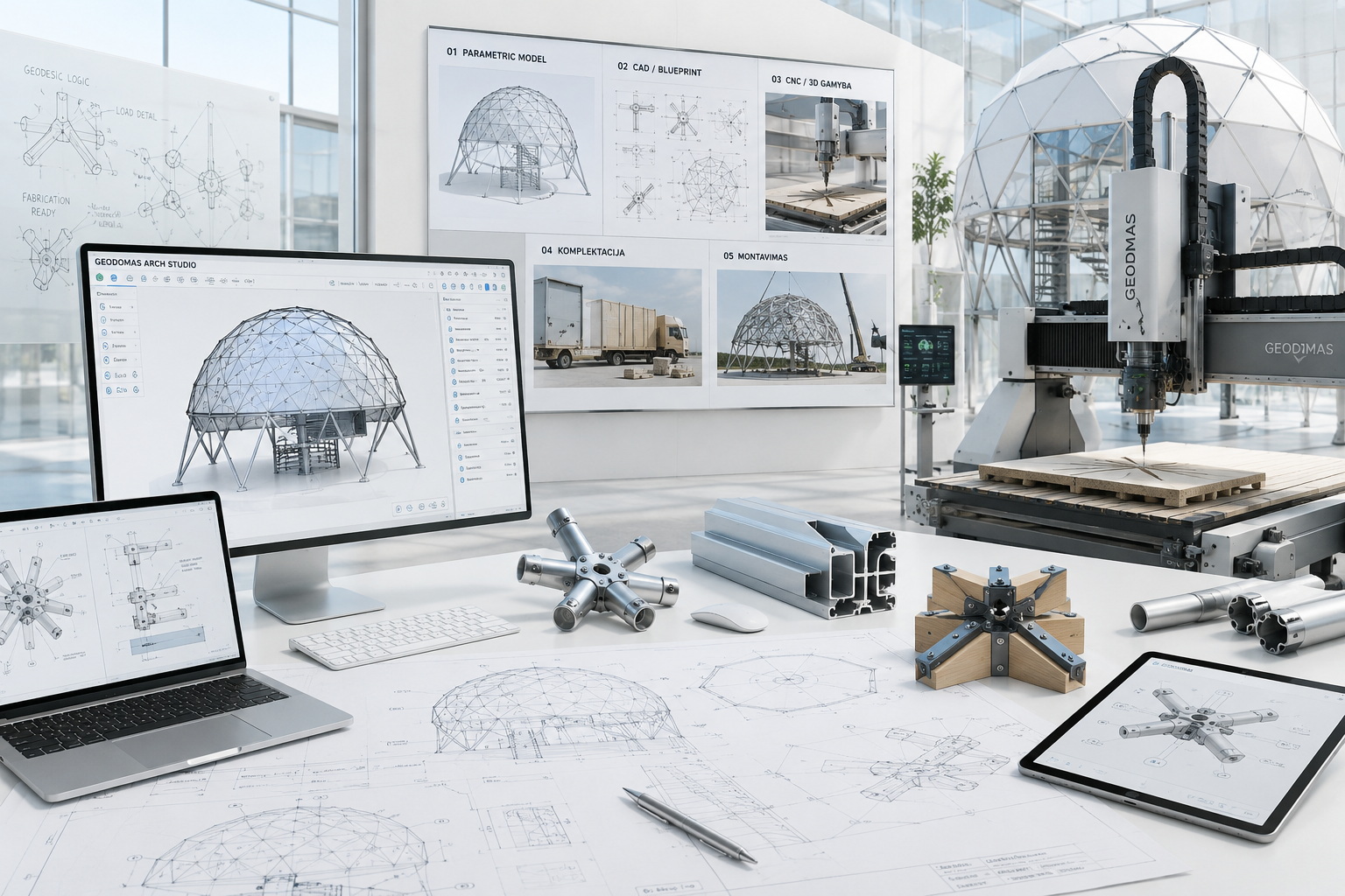 GEODOMAS digital fabrication: CAD, CNC and node production